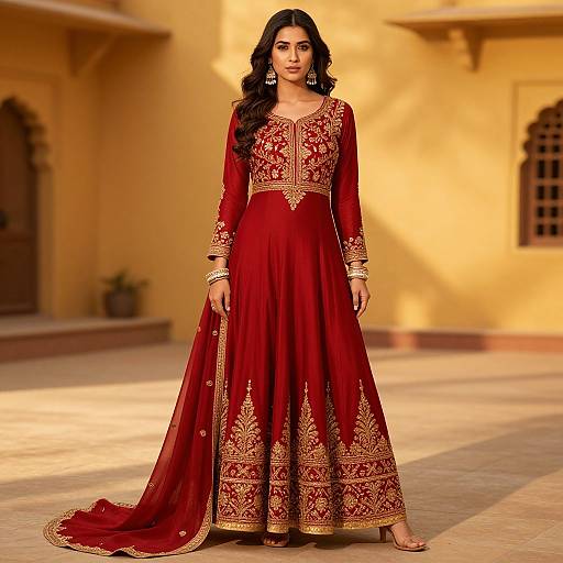 Vibrant Crimson Anarkali Suit at Sunset