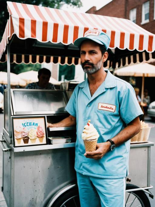 Man in Ice Cream Vendor Costume with Ice Cream Cart