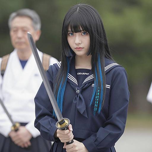 Young Woman with Katana in School Uniform