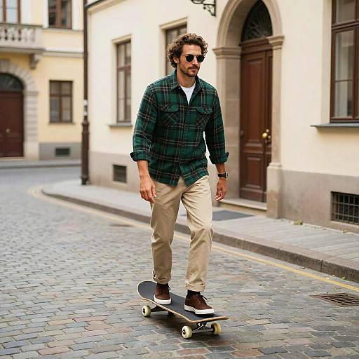 Photograph of a bearded man with curly hair, wearing sunglasses, green plaid shirt, beige pants, and brown sneakers, skateboarding on a