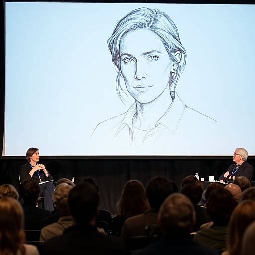 Photograph of a drawing on a large screen showing a detailed, monochromatic portrait of a smiling woman with short, wavy hair; two speakers