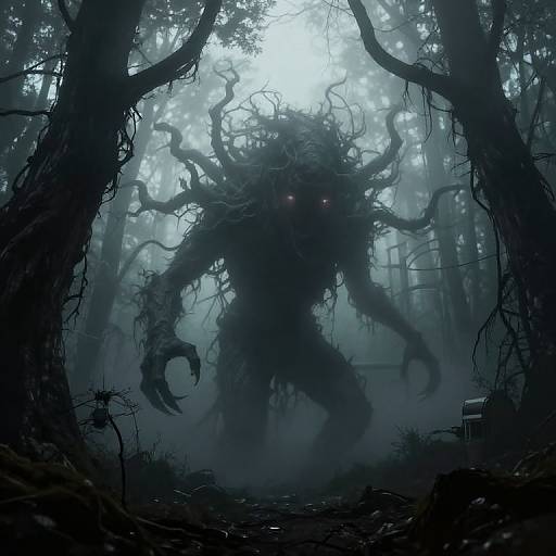 Digital artwork of a menacing, shadowy, tree-like creature with twisted, clawed limbs and glowing red eyes in a foggy, dark forest.