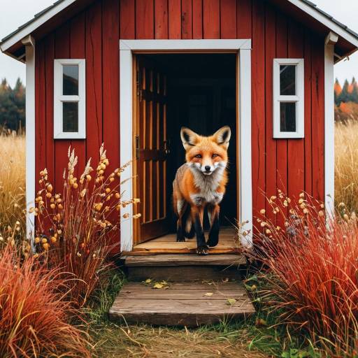 Red Fox Exiting Small Wooden House