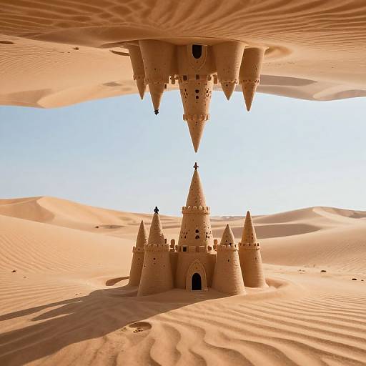 Photorealistic CGI of a desert castle with conical towers, mirroring above, in sunlit, rippled sand dunes under a bright blue