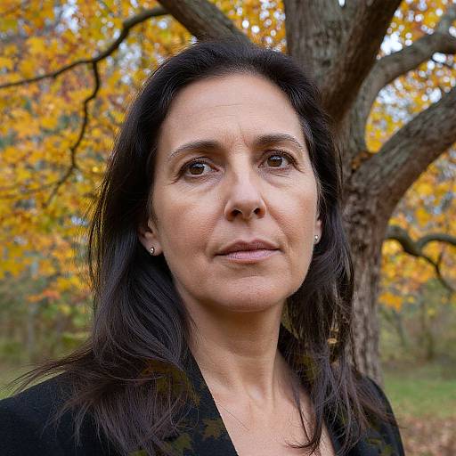 Photograph of a middle-aged woman with long dark hair, brown eyes, and light skin, standing outdoors against a tree with autumn-colored leaves. She