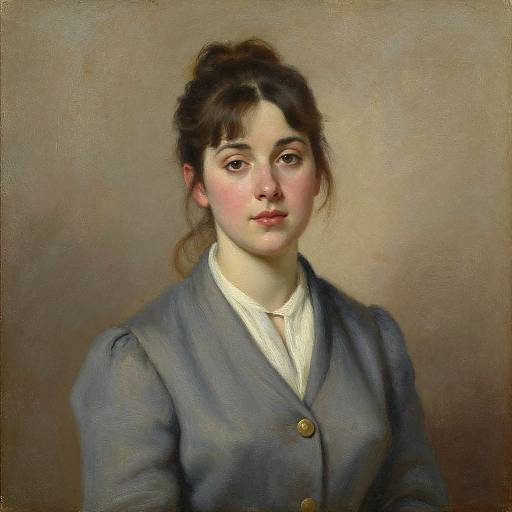 Oil painting of a young woman with fair skin, dark brown hair in a loose bun, wearing a blue buttoned jacket over a white blouse, against