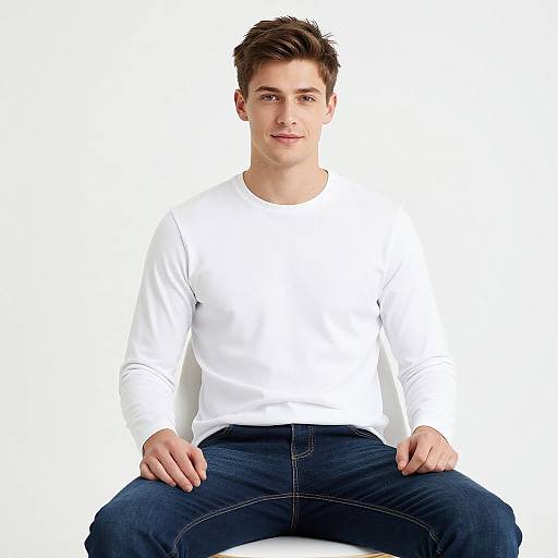 Photograph of a young man with short brown hair, wearing a white long-sleeve shirt and dark blue jeans, sitting against a plain white background