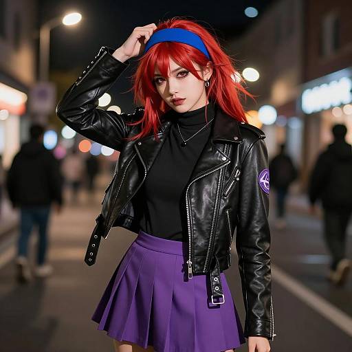 Young Woman in Punk-Inspired Street Fashion at Night