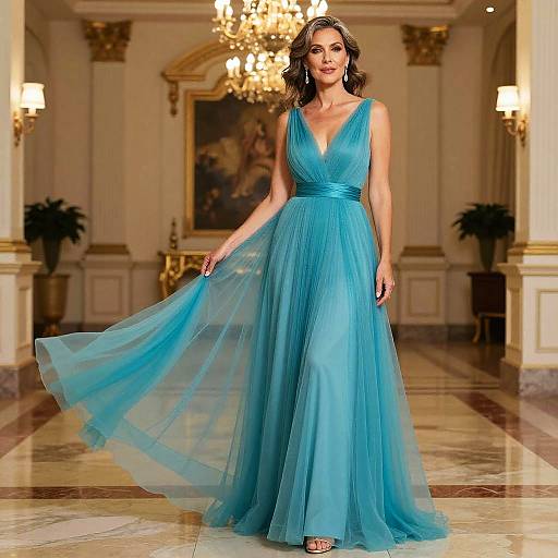Photograph of a beautiful woman with wavy brown hair, wearing a flowing, sleeveless, turquoise gown, standing in an elegant, chandelier-l