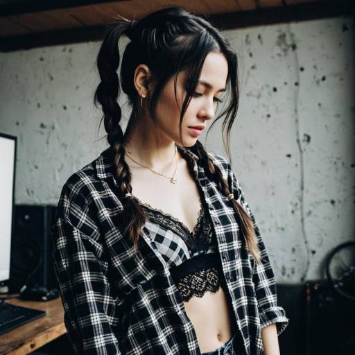 Woman in Grunge Fashion with Braided Pigtails