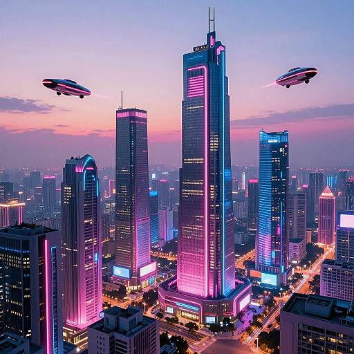 Digital illustration of a futuristic cityscape at dusk, featuring neon-lit skyscrapers and two hovering UFOs, with a pink and purple twilight sky