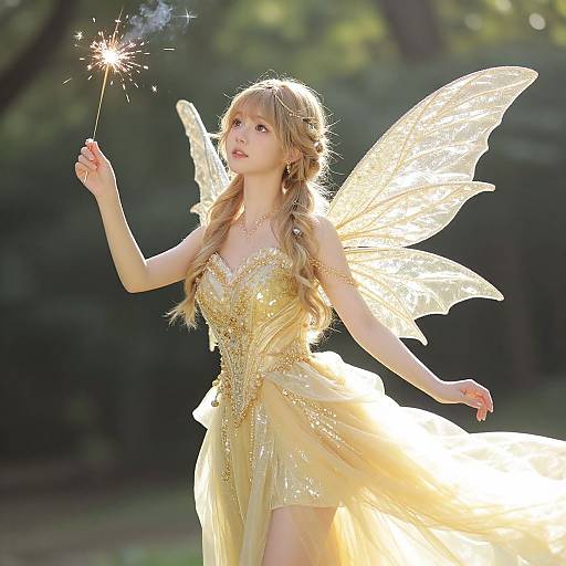 Photograph of a fair-skinned, blonde fairy with translucent wings, holding a sparkler, wearing a shimmering gold dress, in a sunlit