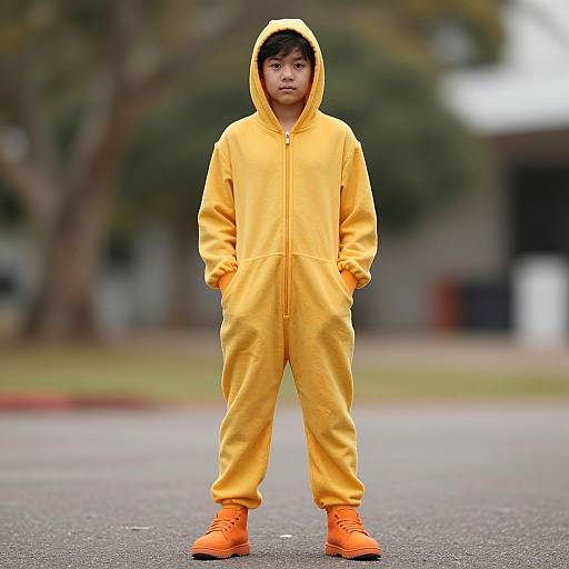 Boy in Orange Onesie Costume Outdoors