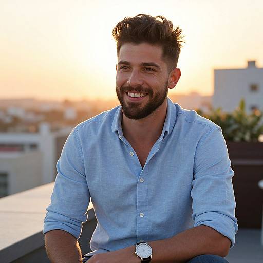 Smiling Man on Rooftop at Sunset