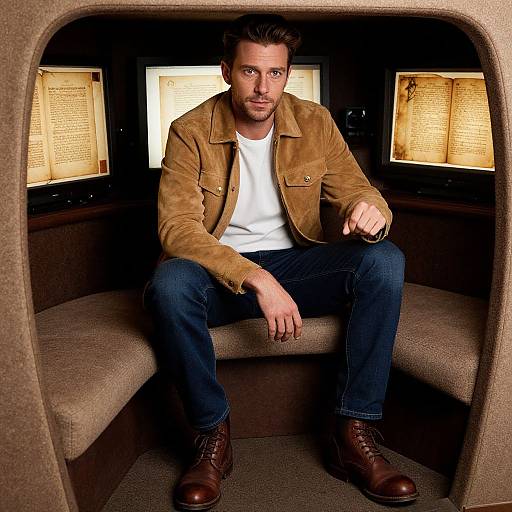 Photograph of a handsome, bearded man with short brown hair, wearing a tan suede jacket, white t-shirt, blue jeans, and brown boots