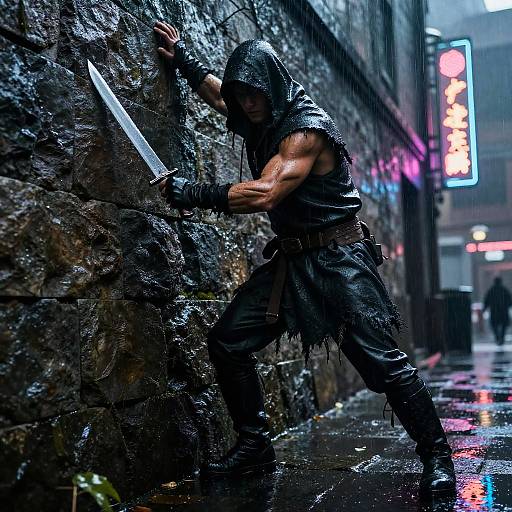 Assassin Scaling Ancient Wall in Rain