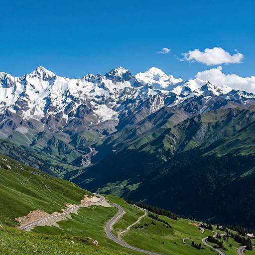 Photograph of a winding mountain road leading through lush green valleys to a backdrop of towering, snow-capped peaks under a bright blue sky.