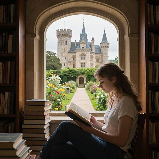 Photograph of a young woman with wavy brown hair, wearing a white t-shirt and blue jeans, reading a book in a library archway,