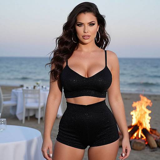 Photograph of a brunette woman with long wavy hair, wearing a black glitter crop top and high-waisted shorts, standing on a beach with
