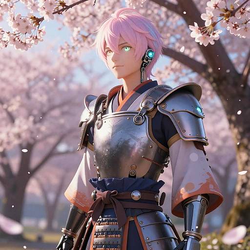 Digital artwork of a pale-skinned, pink-haired, green-eyed anime warrior in silver armor, with cherry blossoms in the sunny background.
