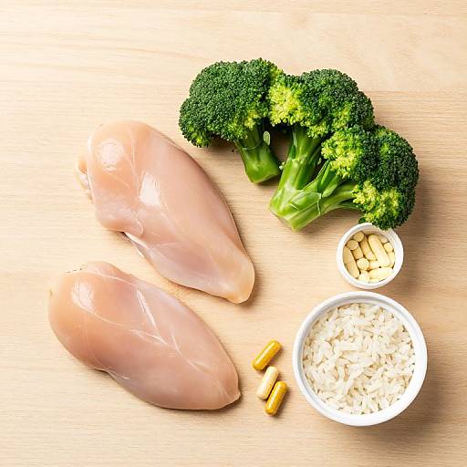 Photograph of two raw, translucent fish fillets, fresh broccoli, white rice, and small golden capsules on a light wooden surface.