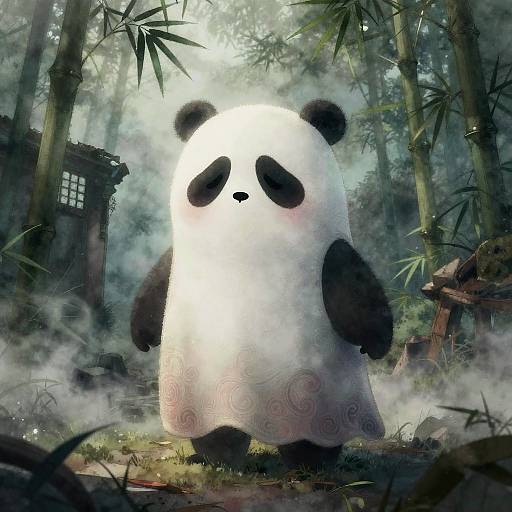 Digital artwork of a cute, cartoonish panda standing in a misty bamboo forest, with ancient wooden structures in the background.