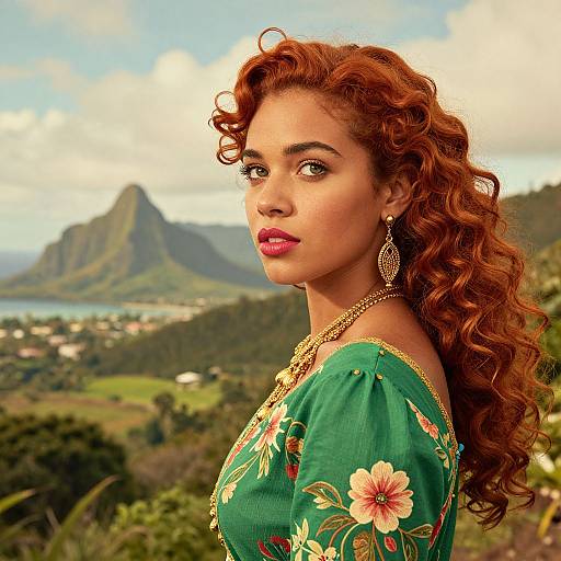 Photograph of a red-haired woman with curly hair, wearing a green floral dress, gold necklace, and earrings, standing against a mountainous coastal backdrop