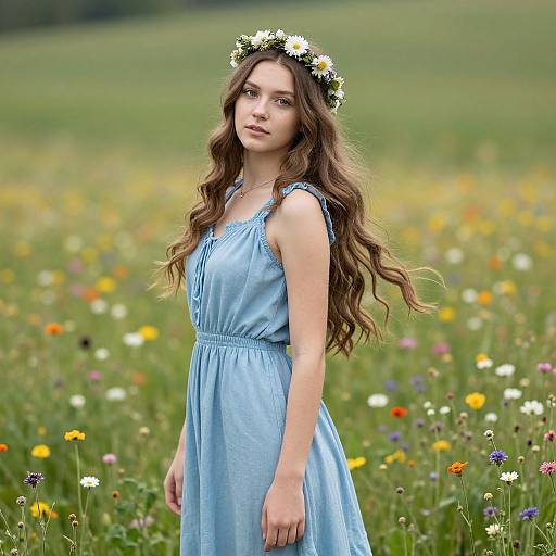 Young woman with long wavy brown hair, wearing a blue dress and daisy crown, stands in a vibrant meadow of colorful wildflowers. Phot