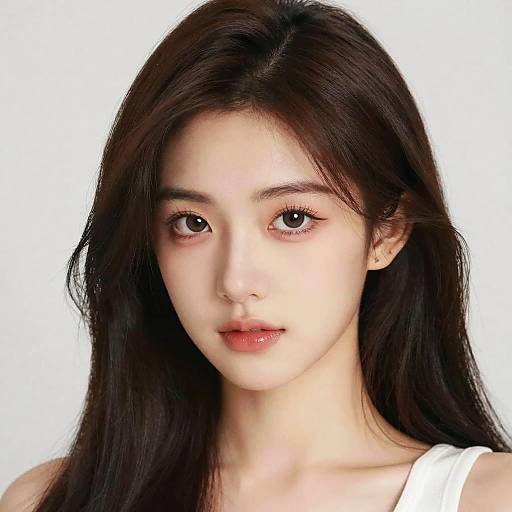 Photograph of an East Asian woman with long, straight black hair, fair skin, and brown eyes, wearing a white tank top, against a plain