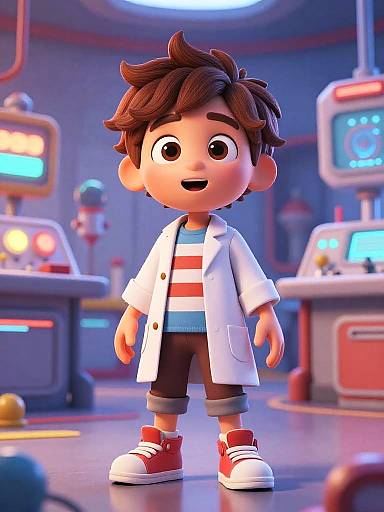 3D CGI cartoon boy with brown hair, wearing white lab coat, red-striped shirt, black shorts, and red sneakers, standing in a futuristic lab