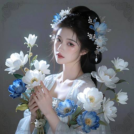 Ethereal Woman Amid Blue and White Blossoms