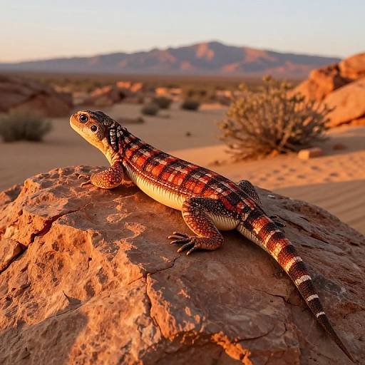 Photograph of a red and black striped lizard with white spots, basking on a sunlit desert rock, with sandy dunes and distant mountains in