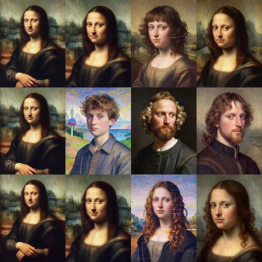 Digital collage of nine Renaissance-style portraits of a woman with long brown hair, and six men with varying hairstyles, expressions, and attire, set against a