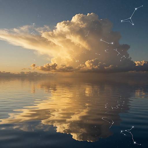 Photograph of a sunset over a calm ocean, with a large, glowing cloud reflecting in the water, and constellations visible in the sky.