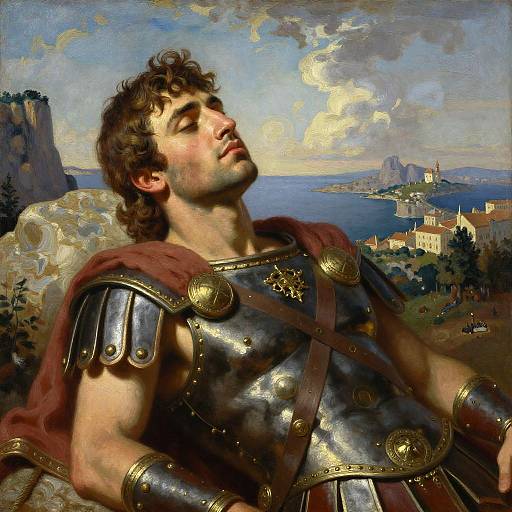 Classical oil painting: Muscular male warrior with curly brown hair, wearing shiny silver armor and red cape, gazes upward at a coastal city under