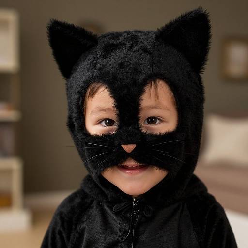 Photograph of a smiling young boy wearing a black, fuzzy cat costume with ears and a mask, in a softly lit room.