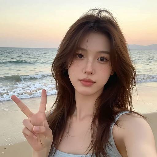 Photograph of an Asian woman with long, wet brown hair, fair skin, and freckles, making a peace sign at a beach during sunset