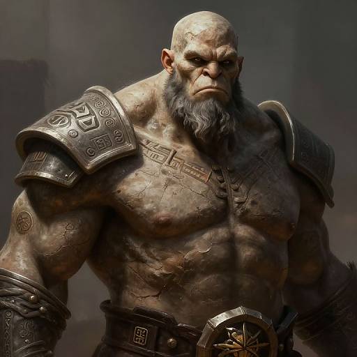 CGI image of a muscular, bald, bearded orc warrior with cracked, greenish skin, wearing ornate, silver armor and dark belt.