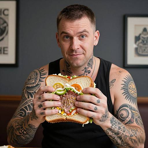 Tattooed man in black tank top holding large sandwich, arms adorned with intricate black ink tattoos, sitting in dimly lit room. Photograph.