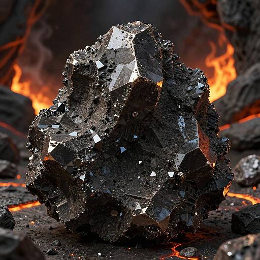 Photograph of a large, jagged, black diamond with sparkling facets, set against a fiery, molten rock background. The diamond's rough texture