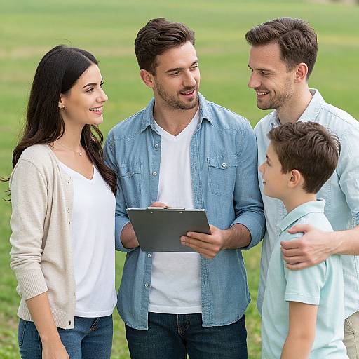 Photograph of a smiling family of four standing in a grassy park: mother, father, son, and father holding a clipboard. Casual attire,