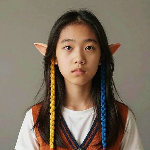 Photograph of a young Asian girl with elf ears, long black hair, wearing a white shirt and brown vest, with yellow and blue braids.
