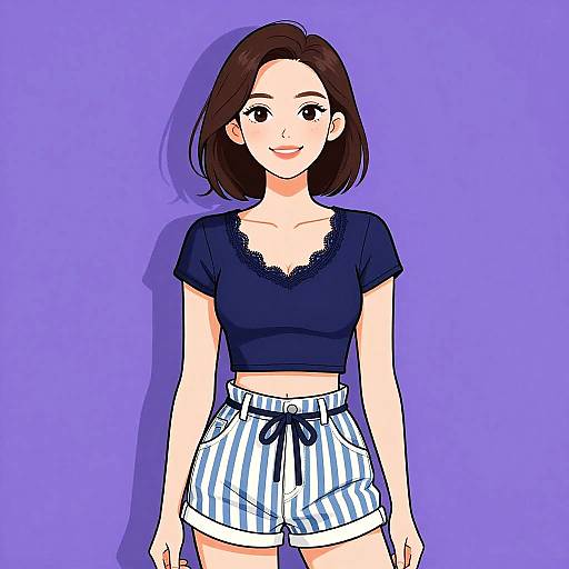 Digital anime-style drawing of a smiling young woman with shoulder-length brown hair, wearing a black lace-trimmed crop top and blue-striped shorts, against
