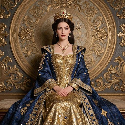 Regal Woman in Ornate Blue-Gold Attire