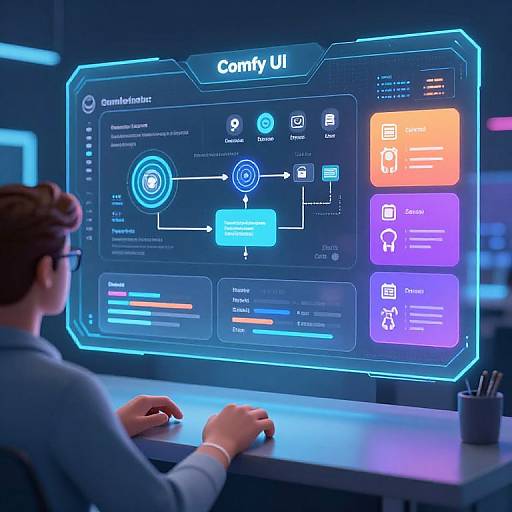 Photograph of a man in a blue shirt using a futuristic, holographic computer interface with glowing blue and purple screens.