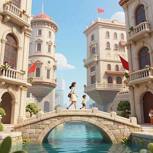 Digital illustration of a woman and child walking across a stone bridge in a picturesque, European-style city with ornate buildings and a calm blue canal. Bright