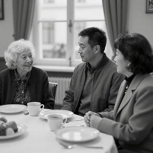 Black-and-White Three-Person Table Conversation Scene