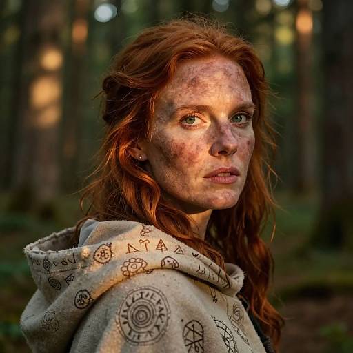 Photograph of a freckled, red-haired woman with green eyes, wearing a patterned beige hoodie, standing in a sunlit forest.