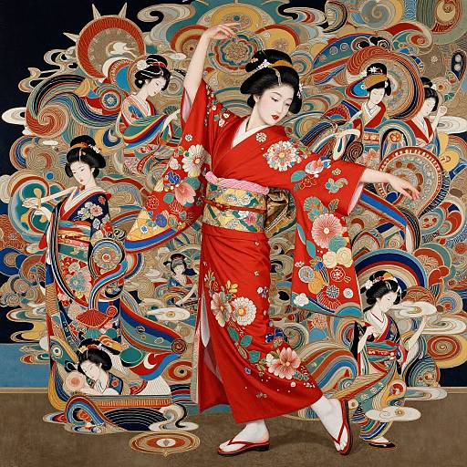 Traditional Japanese woodblock print of a dancing geisha in a red floral kimono, surrounded by swirling, colorful patterns and smaller geisha figures.
