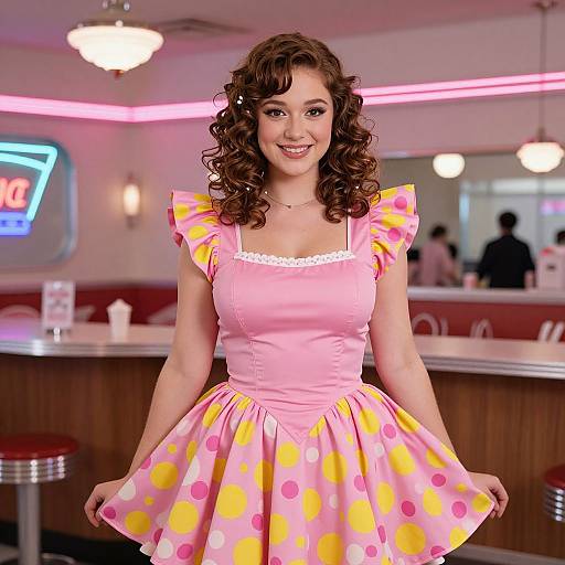 Photograph of a smiling woman with curly brown hair, wearing a pink polka dot dress with yellow and white circles, standing in a retro diner with
